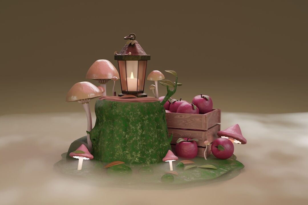 Basket of mushrooms, apples and pumpkins on a rustic table in autumn